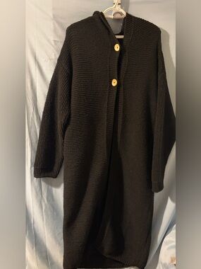Long Hooded Black Knit Cardigan Sweater with Wooden Buttons